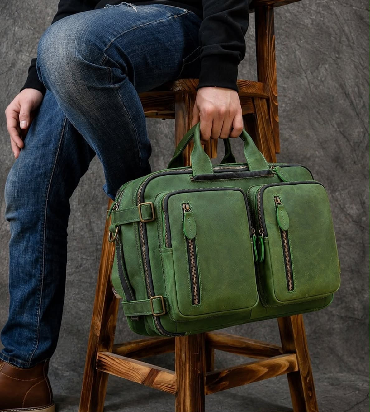 Vintage Green Full Grain Leather Convertible Backpack Briefcase | 16” Laptop Messenger Bag | Travel & Office Work Bag for Men & Women