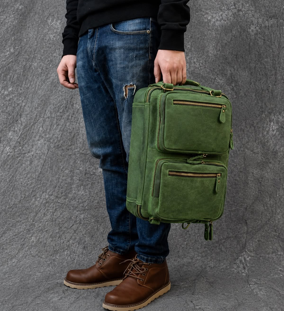 Vintage Green Full Grain Leather Convertible Backpack Briefcase | 16” Laptop Messenger Bag | Travel & Office Work Bag for Men & Women