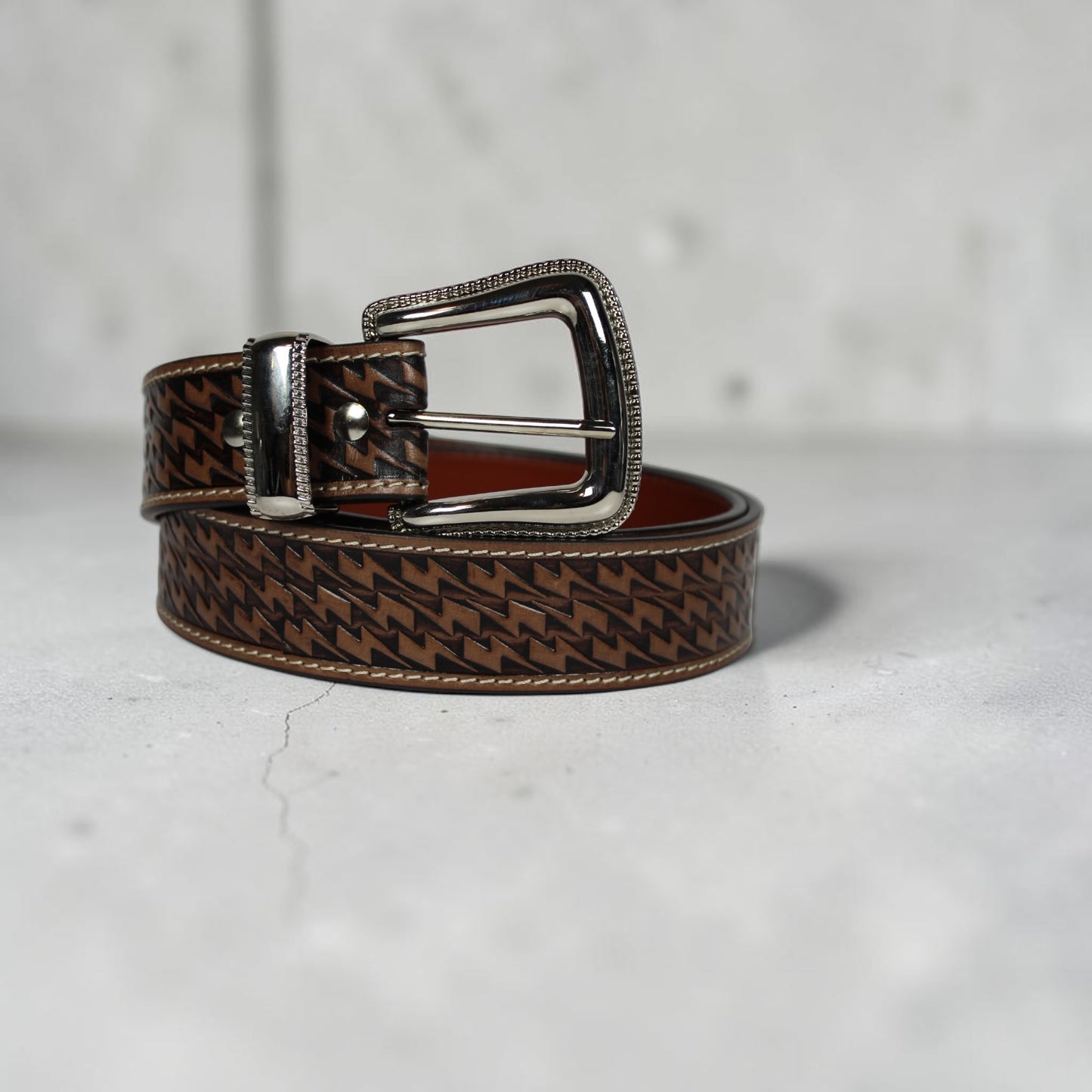 Handcrafted Tooled Leather Belt for Men | Brown Genuine Leather Western Belt | Embossed Zigzag Pattern