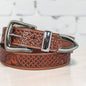 Handcrafted Tooled Leather Western Belt – Basket Weave Cow Skull Design