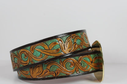 Handcrafted Floral Tooled Leather Belt with Antique Brass Buckle