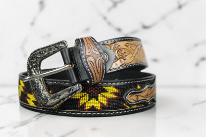 Handmade Beaded Sunflower Leather Belt | Genuine Leather Western Cowboy Belt