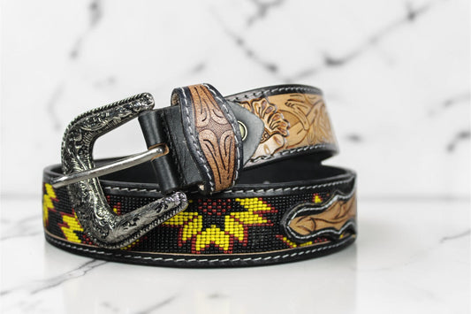 Handmade Beaded Sunflower Leather Belt | Genuine Leather Western Cowboy Belt