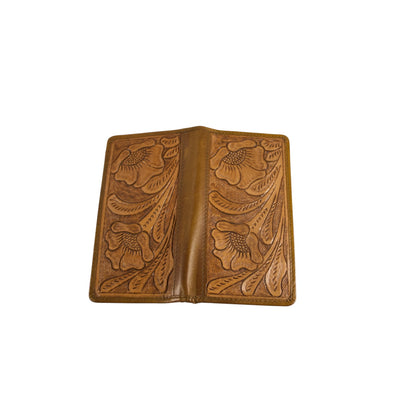 Hand-Tooled Floral Leather Long Wallet for Women – Genuine Full Grain Leather Checkbook Wallet with Card Holder & ID Window