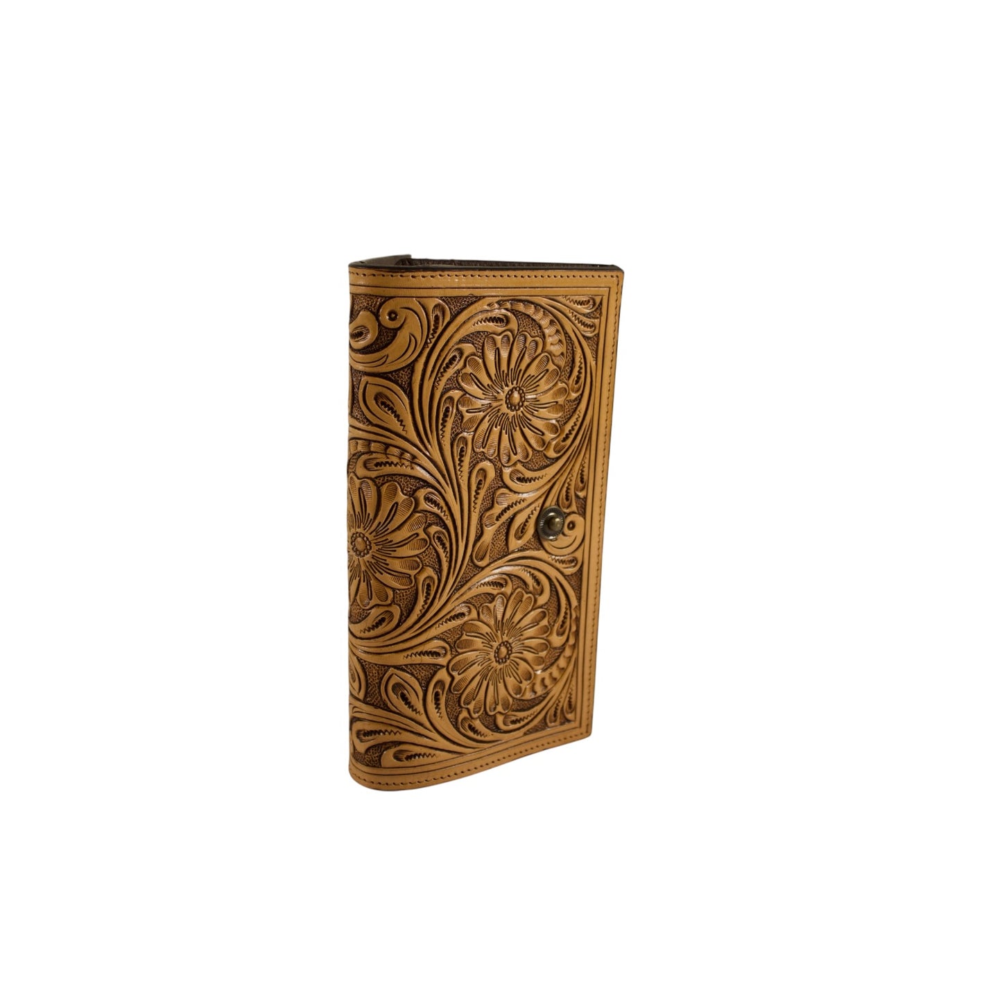 Hand-Tooled Floral Leather Long Wallet for Women – Genuine Full Grain Leather Checkbook Wallet with Card Holder & ID Window