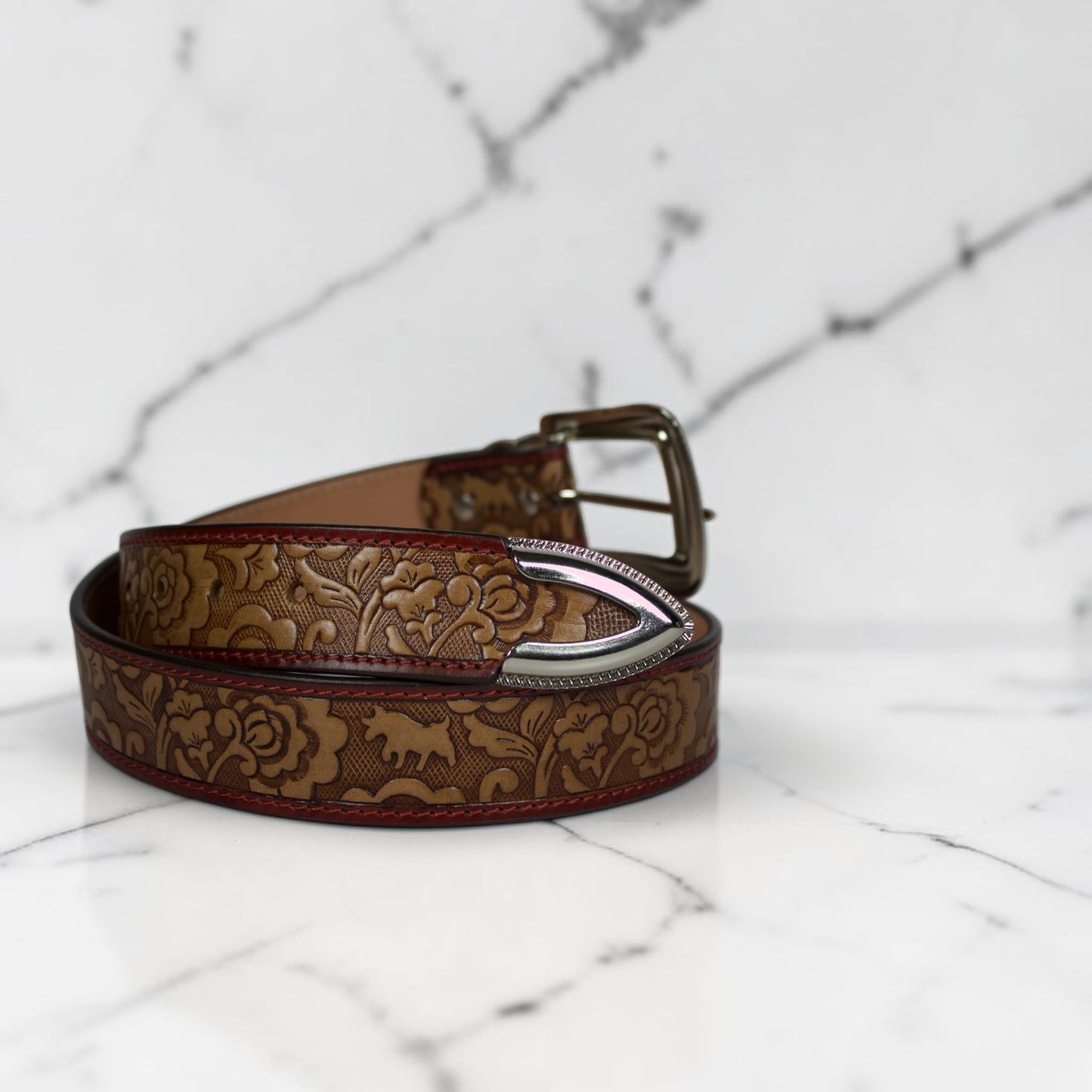 Handcrafted Floral Tooled Leather Belt