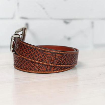 Handcrafted Tooled Leather Western Belt – Basket Weave Cow Skull Design