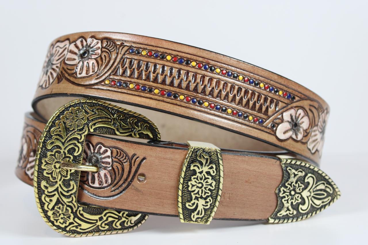 Floral Tooled Leather Belt with Antique Gold Buckle