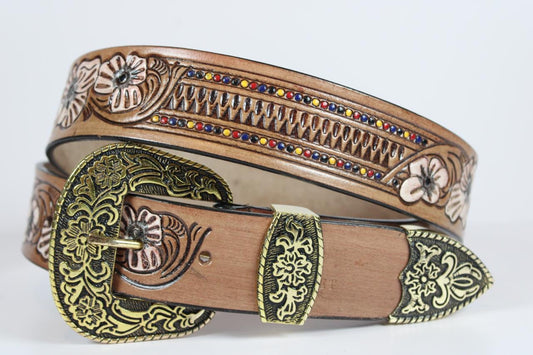 Floral Tooled Leather Belt with Antique Gold Buckle