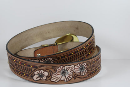 Floral Tooled Leather Belt with Antique Gold Buckle