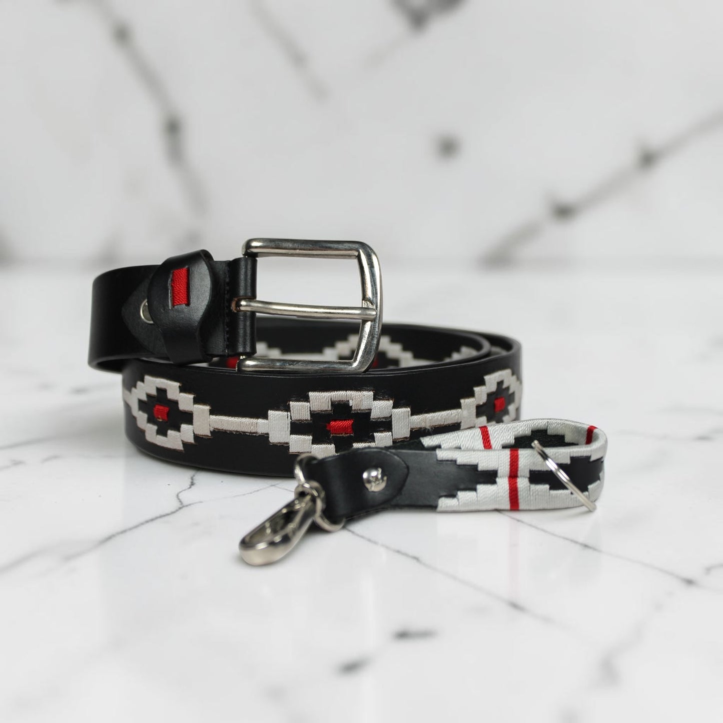 Handcrafted Black Leather Polo Belt with White & Red Woven Pattern