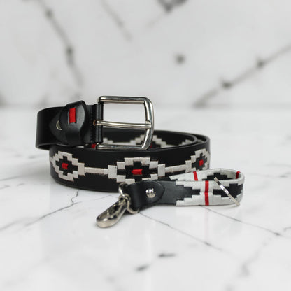 Handcrafted Black Leather Polo Belt with White & Red Woven Pattern