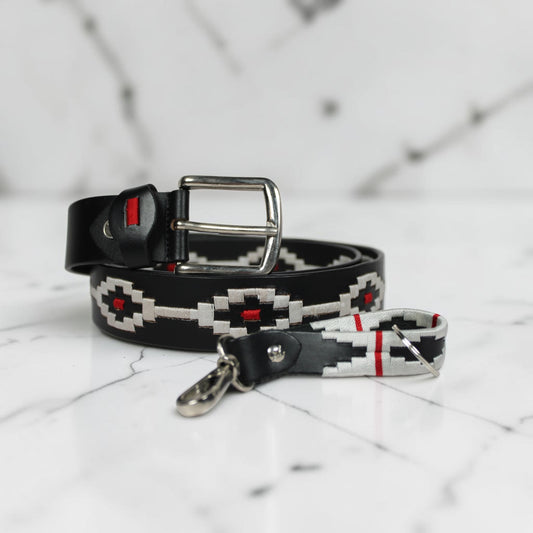 Handcrafted Black Leather Polo Belt with White & Red Woven Pattern