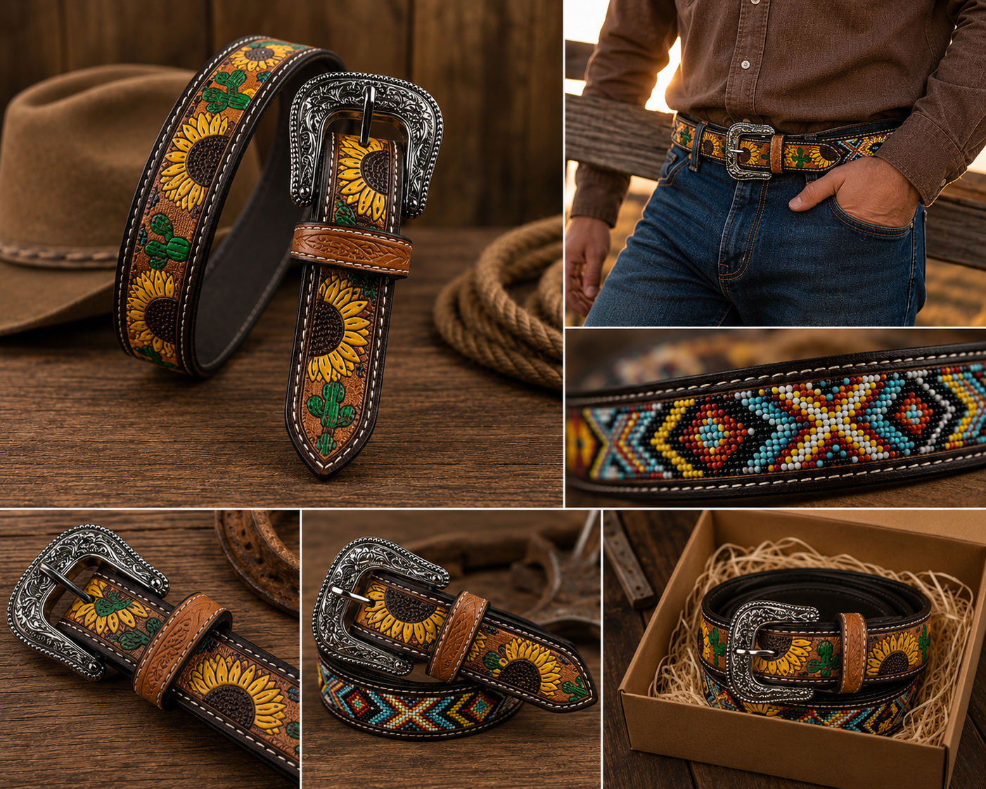 Bufflet Leather Sunflower Beaded Leather Belt