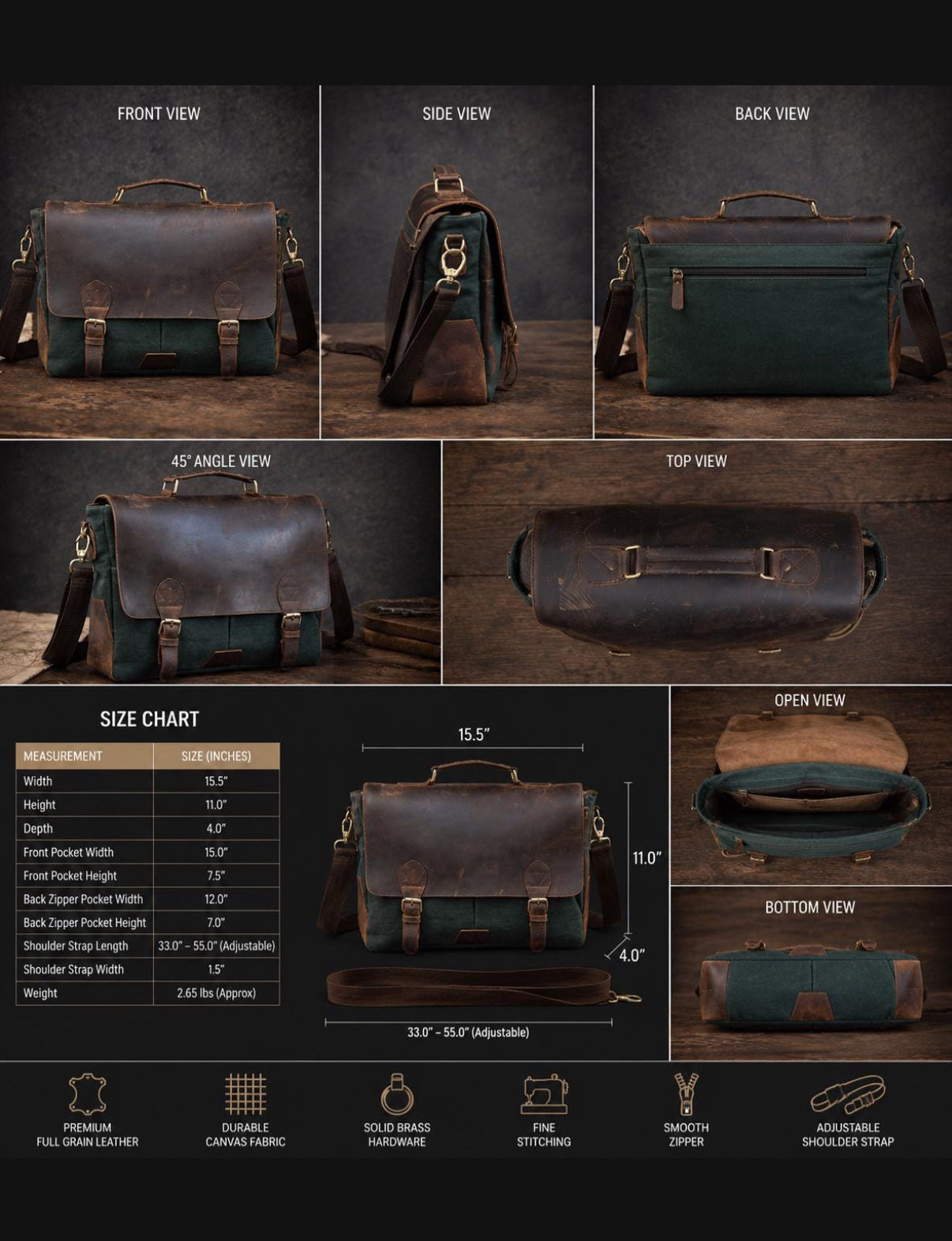 Vintage Leather Messenger Bag for Men – Full Grain Leather & Canvas Laptop Briefcase | Bufflet Leather