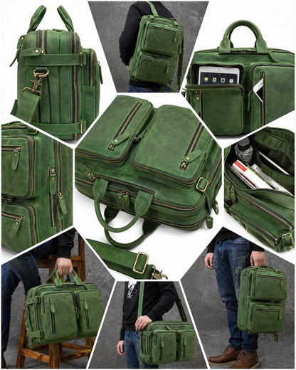 Vintage Green Full Grain Leather Convertible Backpack Briefcase | 16” Laptop Messenger Bag | Travel & Office Work Bag for Men & Women