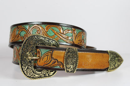 Handcrafted Floral Tooled Leather Belt with Antique Brass Buckle