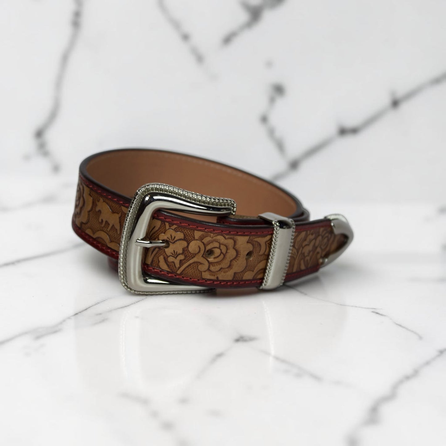 Handcrafted Floral Tooled Leather Belt