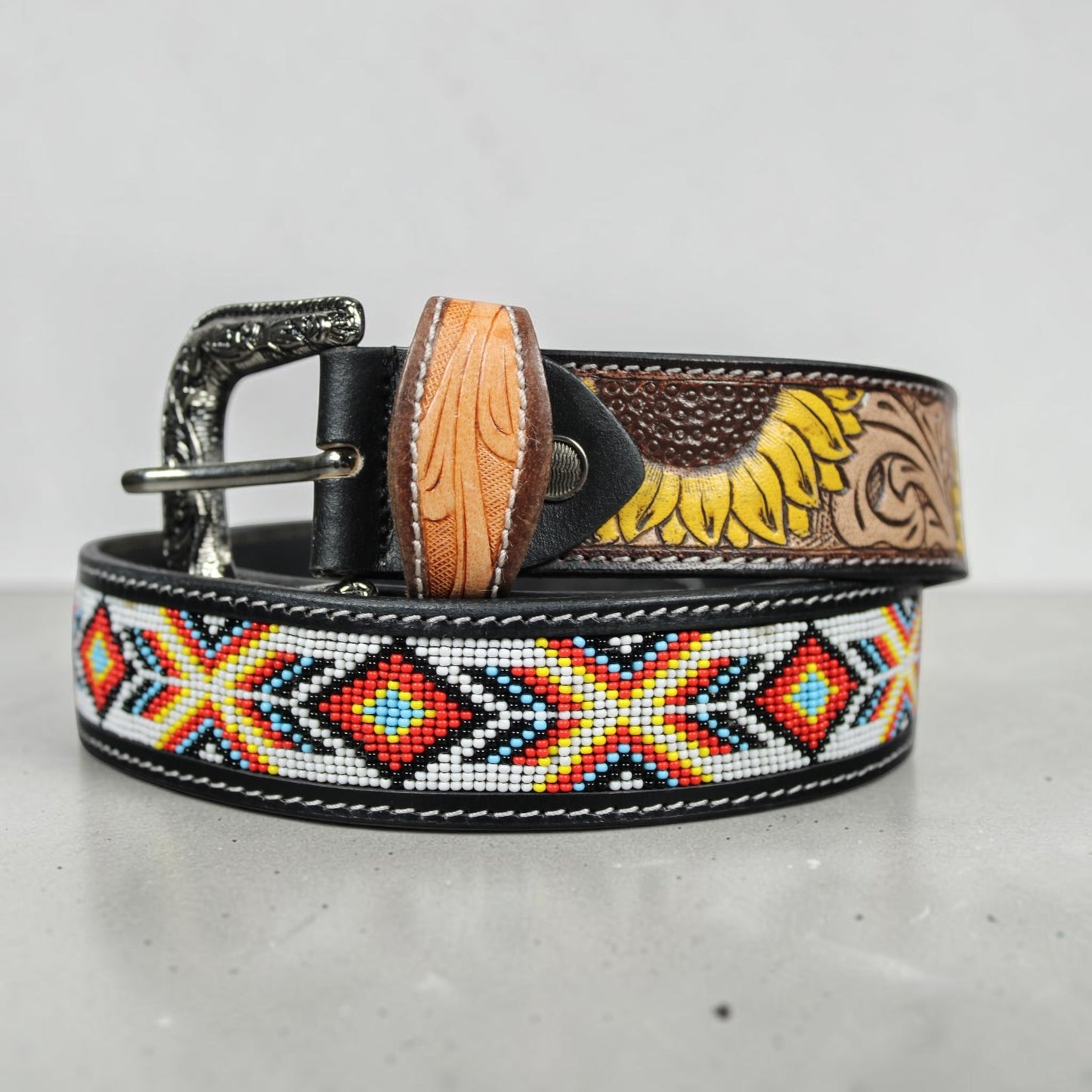 Handmade Sunflower Beaded Leather Belt