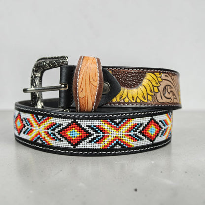 Handmade Sunflower Beaded Leather Belt