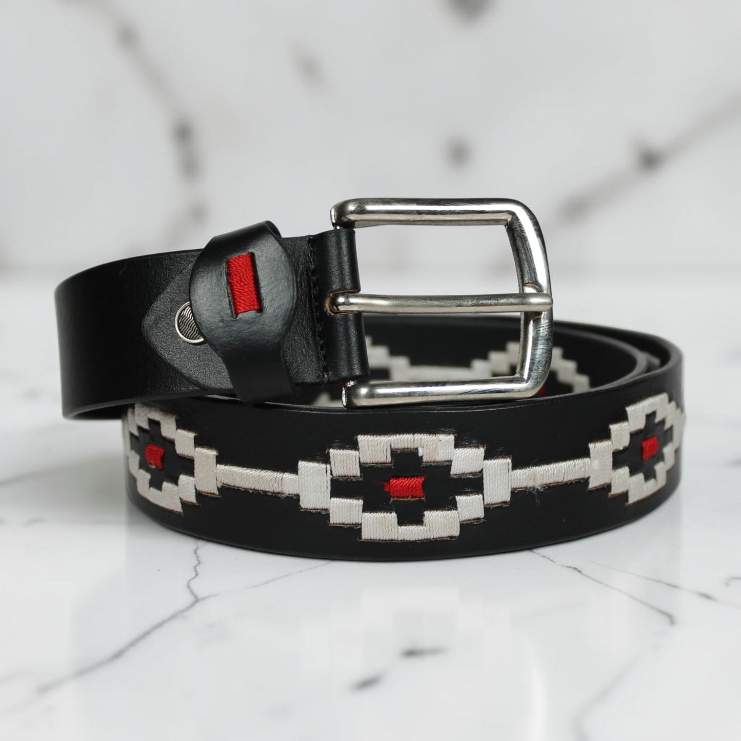 Handcrafted Black Leather Polo Belt with White & Red Woven Pattern