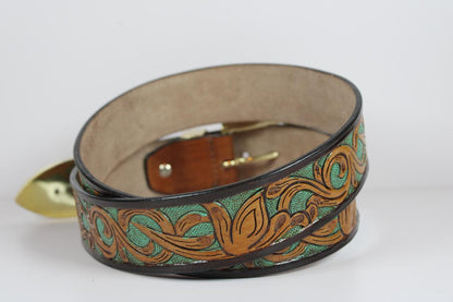 Handcrafted Floral Tooled Leather Belt with Antique Brass Buckle