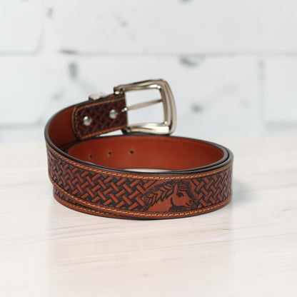 Handcrafted Tooled Leather Western Belt – Basket Weave Cow Skull Design