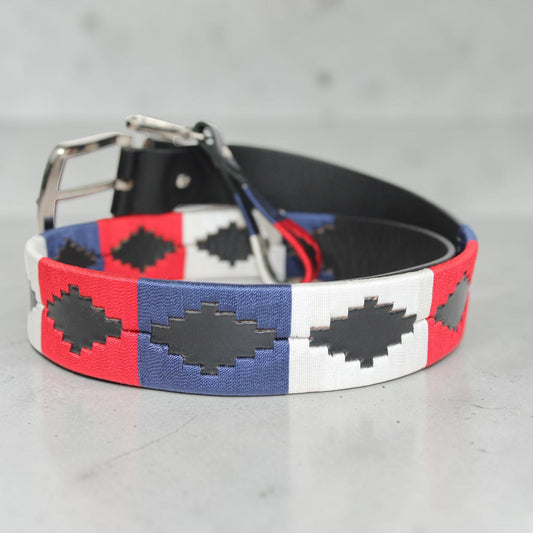 Western Embroidered Leather Belt | Red Navy Blue White | Bufflet Leather