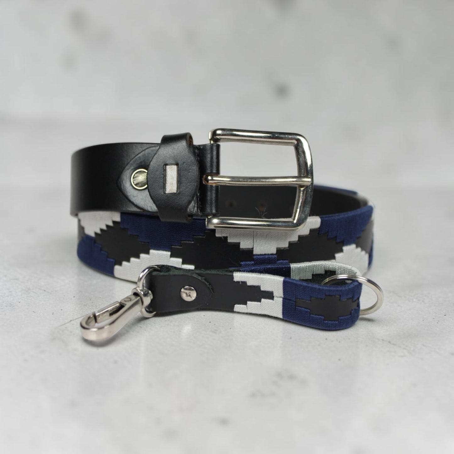 Western Embroidered Leather Belt | Navy Blue White Black | Bufflet Leather