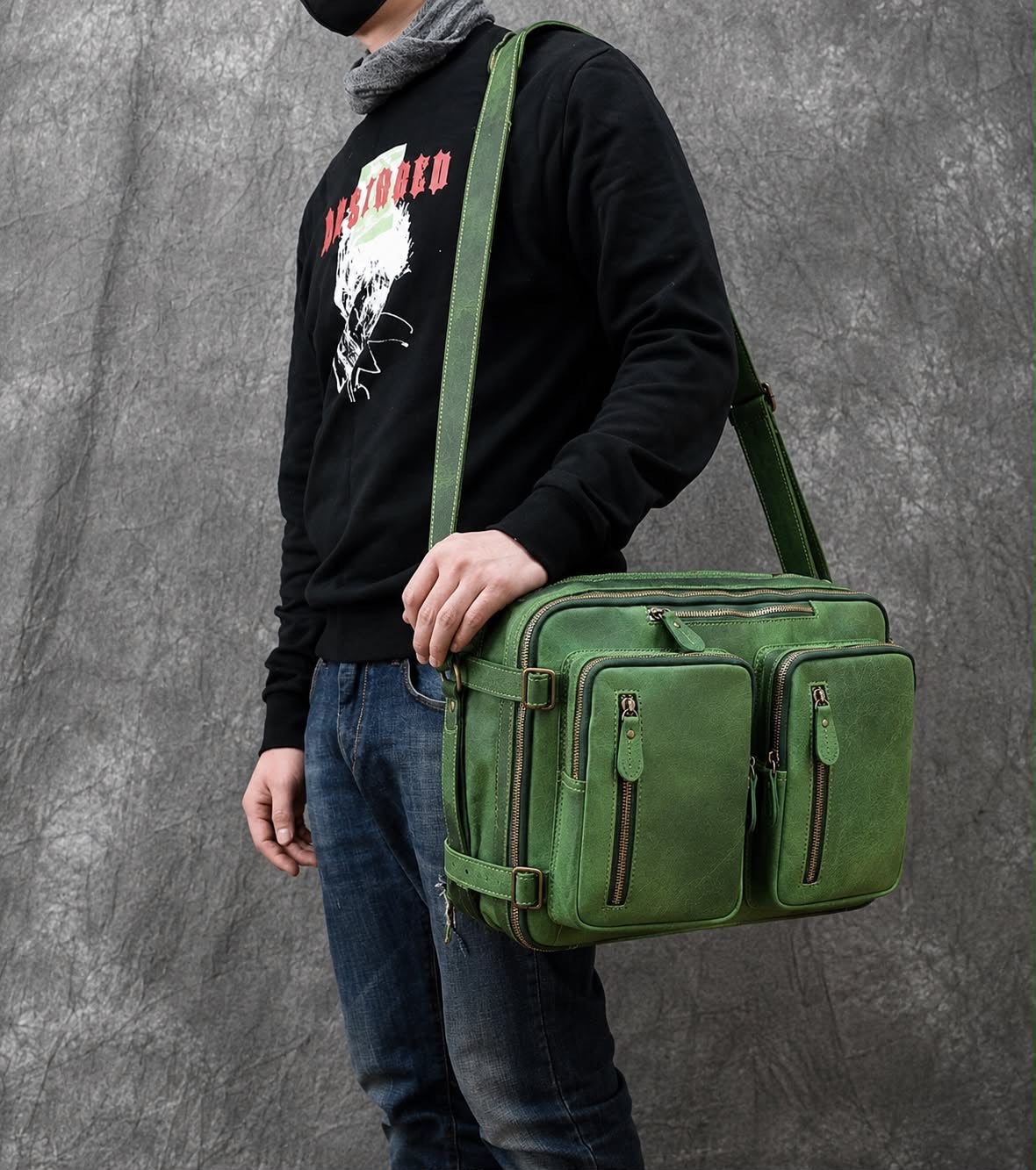 Vintage Green Full Grain Leather Convertible Backpack Briefcase | 16” Laptop Messenger Bag | Travel & Office Work Bag for Men & Women