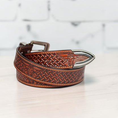 Handcrafted Tooled Leather Western Belt – Basket Weave Cow Skull Design
