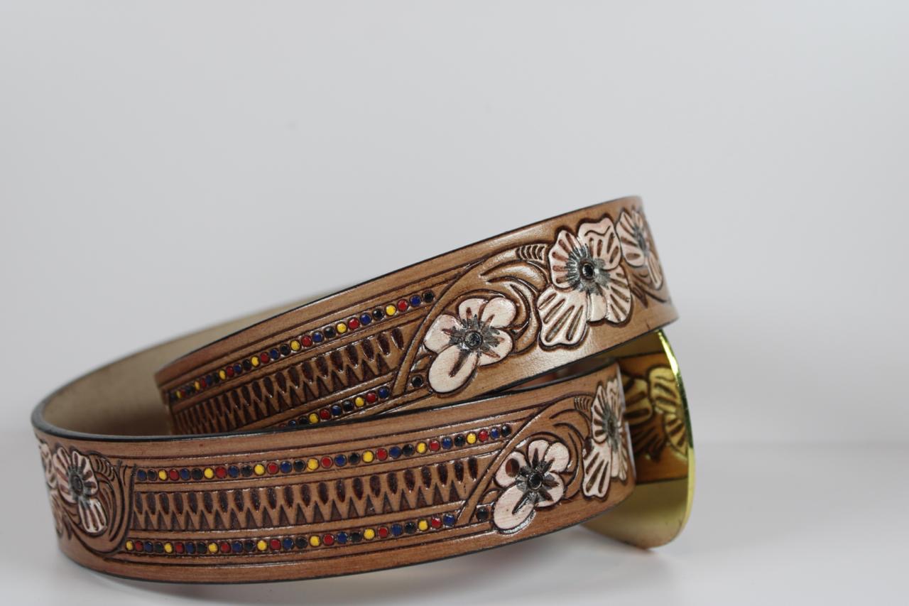 Floral Tooled Leather Belt with Antique Gold Buckle