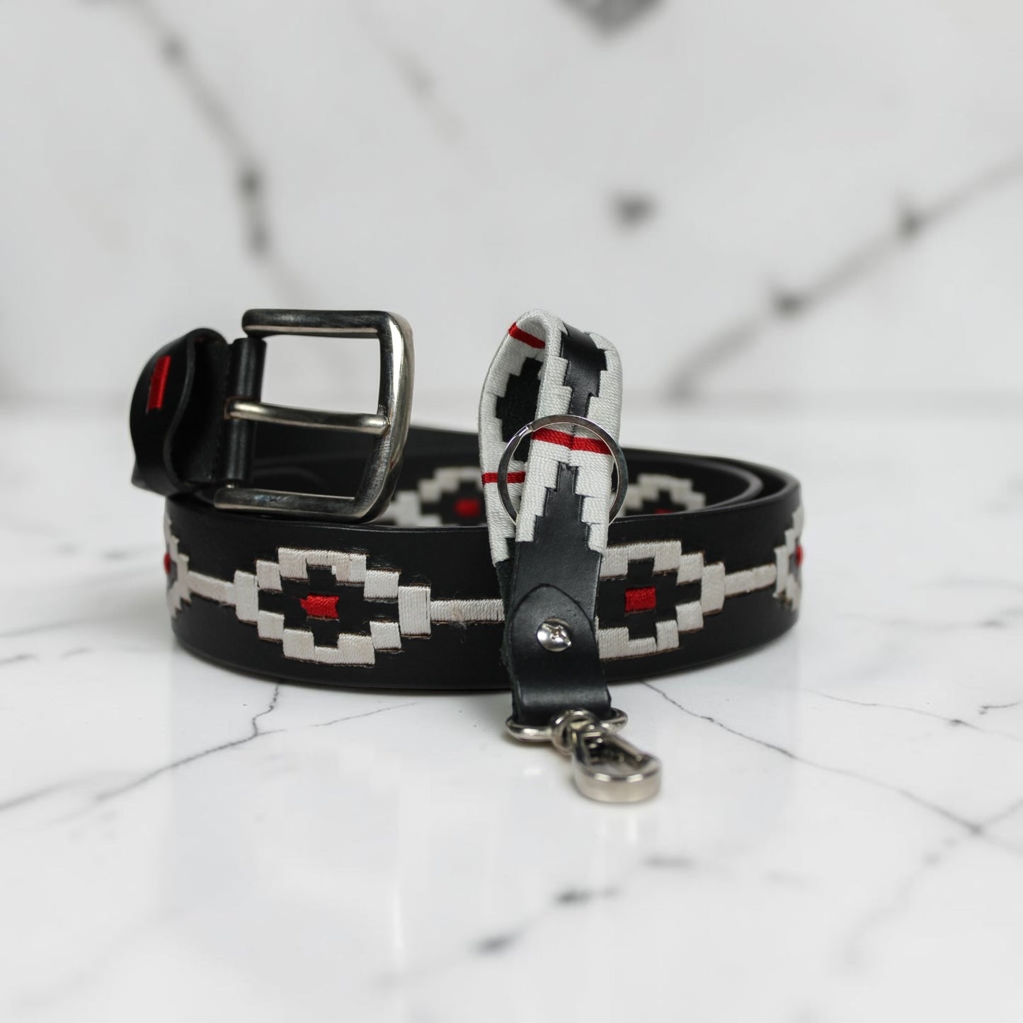 Handcrafted Black Leather Polo Belt with White & Red Woven Pattern