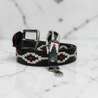 Handcrafted Black Leather Polo Belt with White & Red Woven Pattern