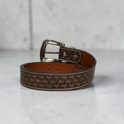 Handcrafted Tooled Leather Belt for Men | Brown Genuine Leather Western Belt | Embossed Zigzag Pattern