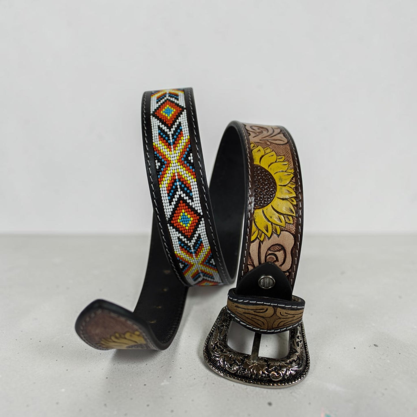 Handmade Sunflower Beaded Leather Belt
