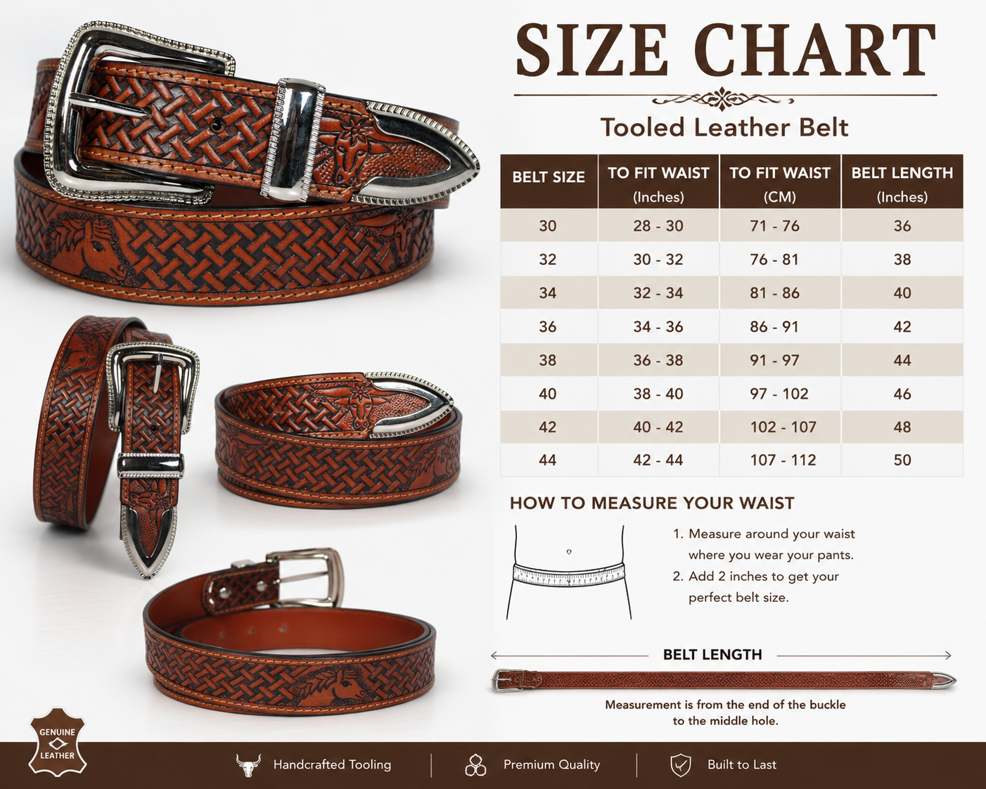 Handcrafted Tooled Leather Western Belt – Basket Weave Cow Skull Design