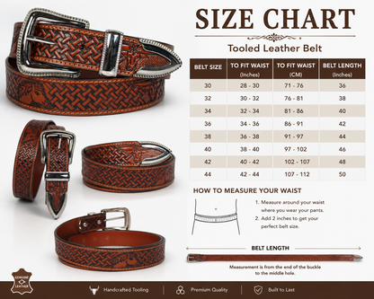 Handcrafted Tooled Leather Western Belt – Basket Weave Cow Skull Design