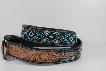 Bufflet Leather Blue Beaded Floral Western Belt