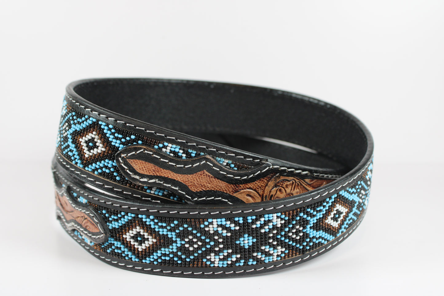 Bufflet Leather Blue Beaded Floral Western Belt