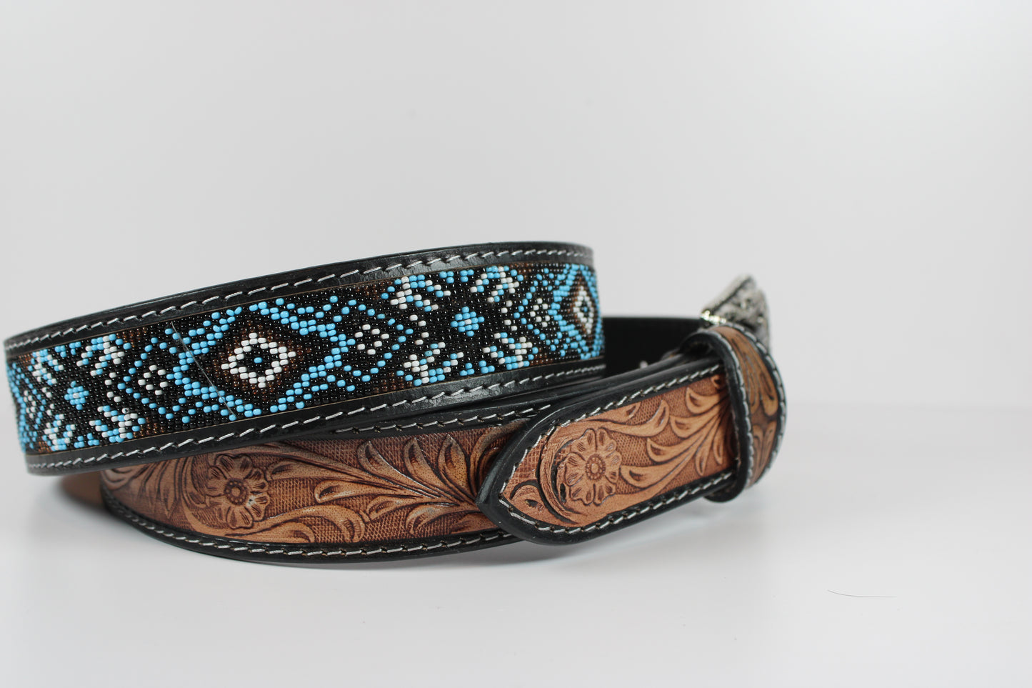 Bufflet Leather Blue Beaded Floral Western Belt