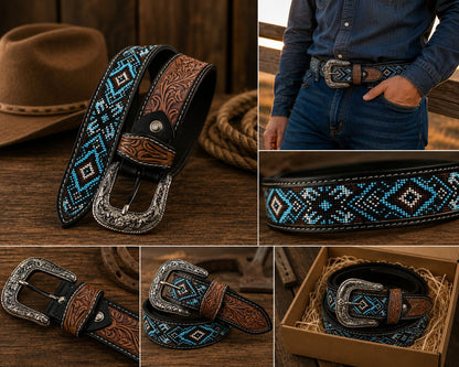 Bufflet Leather Blue Beaded Floral Western Belt